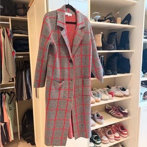 John + Jenn Gray and Red Plaid Sweater Coat